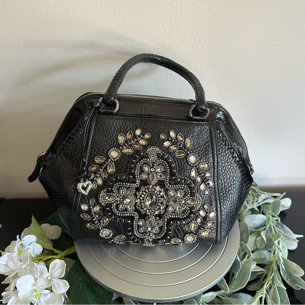 Brighton Masterpiece Anju Domed Czarina Black Pebbled Leather Jeweled Handbag